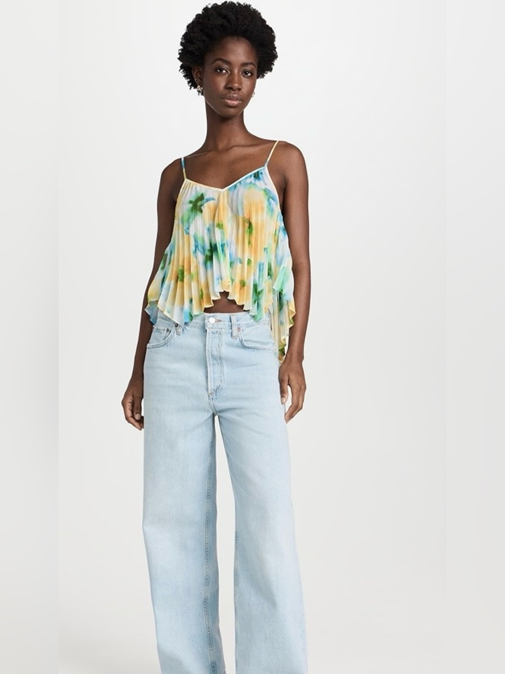 Misa LA Pleated Floral Spaghetti-Strap Tank Top in Yellow Blue ✨